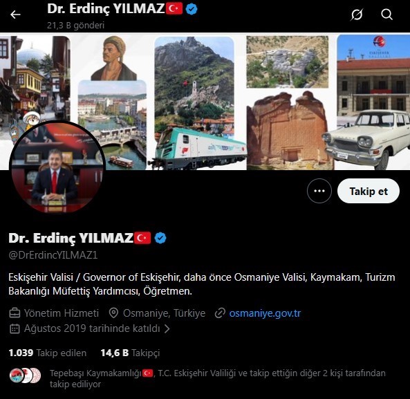 Erdinç Vali, Sosyal Medya Hesaplarını Eskişehir yaptı