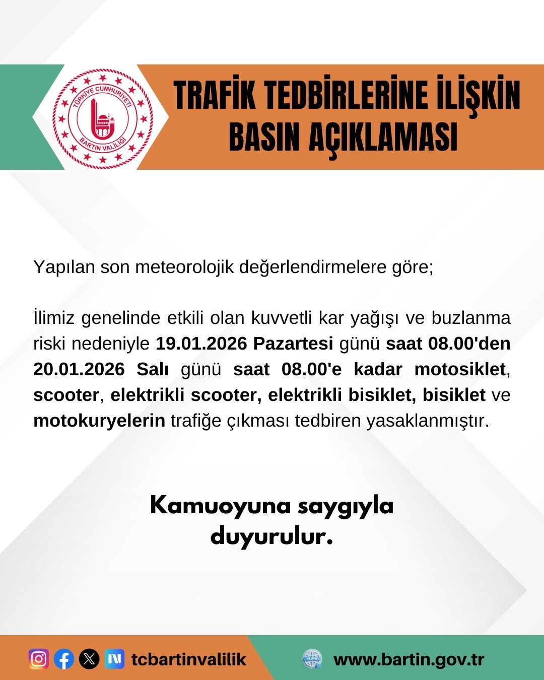 Bartın’da motosiklet, scooter ve bisikletlerin trafiğe çıkması yasaklandı