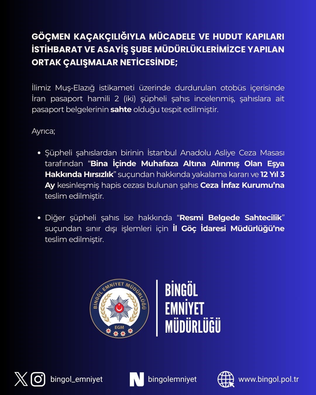 Bingöl’de sahte pasaportlu 2 şüpheli yakalandı