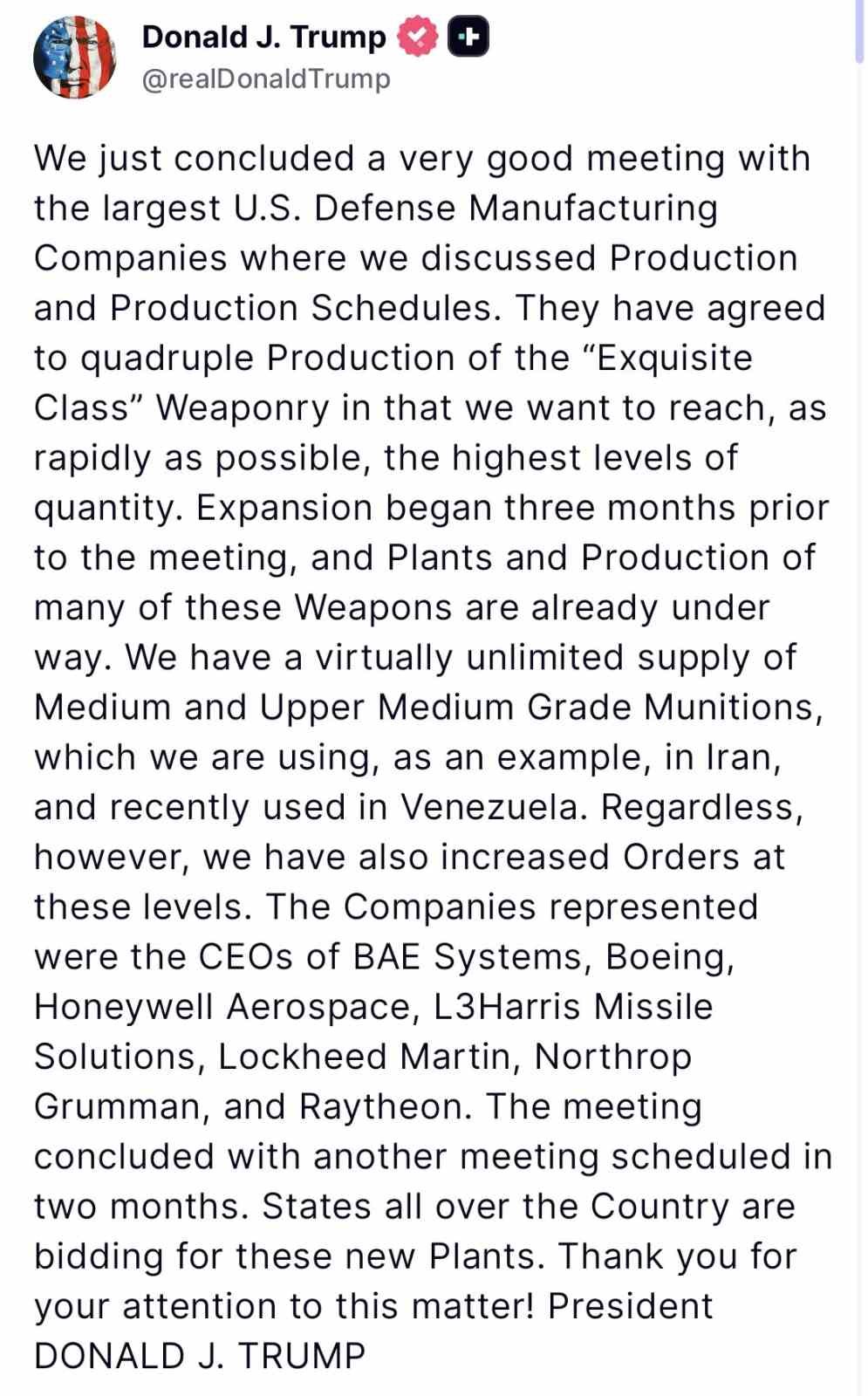 Trump, silah şirketlerinin yöneticileri ile bir araya geldi