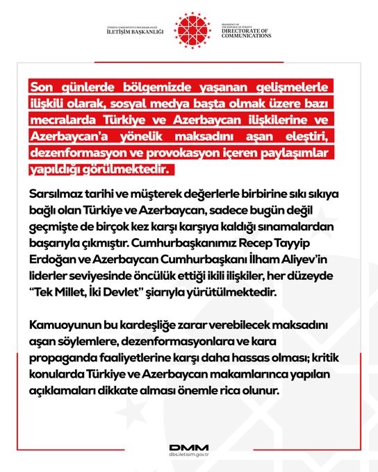 DMM’den Türkiye ve Azerbaycan ilişkilerine yönelik dezenformasyon içeren paylaşımlar hakkında açıklama