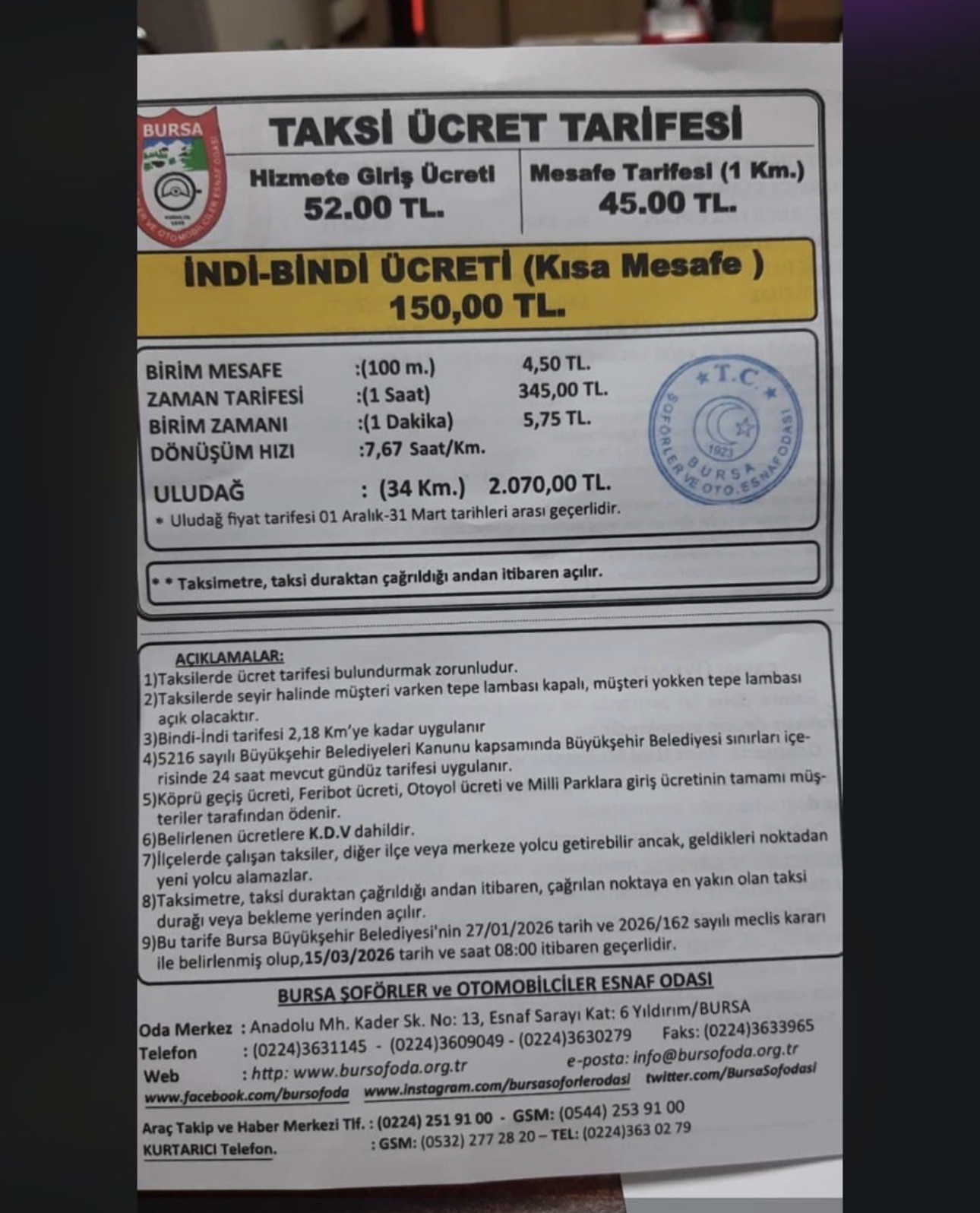 Bursa’da taksi ücretlerine zam: Yeni tarife belli oldu