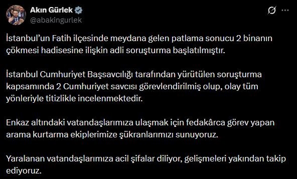Bakan Gürlek: "2 binanın çökmesi hadisesine ilişkin adli soruşturma başlatılmıştır"