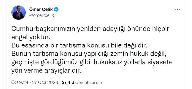 AK Parti'li Çelik: Cumhurbaşkanı'mızın adaylığı önünde hiçbir engel yok