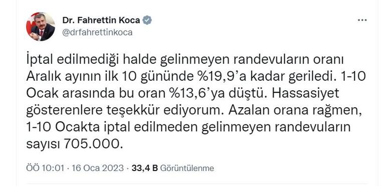 Bakan Koca: Gelinmeyen randevuların oranı yüzde 19,9'a kadar geriledi