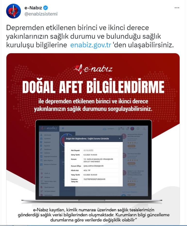 Depremzedelerin yakınları, e-Nabız'dan bilgi alabilecek