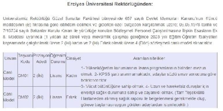 ERÜ Güzel Sanatlar Fakültesi'ne 4 canlı model alınacak