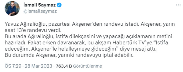 Akşener, Ağıralioğlu'nun istifasını sunacağı yarınki randevusunu iptal etti: İstifa tek taraflı karar verme usulüdür