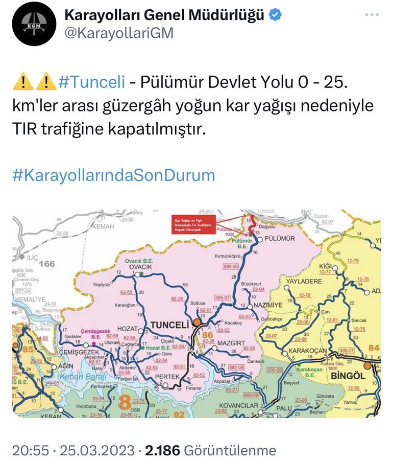 Tunceli- Erzincan karayolu kar ve tipi nedeniyle TIR geçişlerine kapatıldı