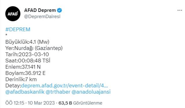 Son Dakika: Adıyaman'daki 4.5'lik depremin ardından Gaziantep de 4.1'le sallandı