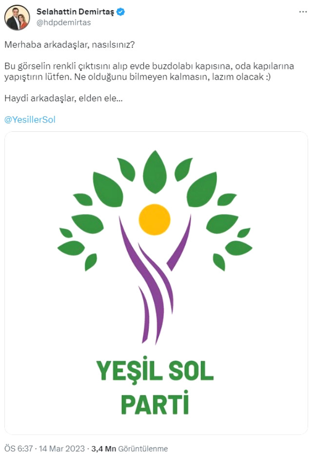 Demirtaş sosyal medyadan Yeşil Sol Parti'nin logosunu paylaştı: Ne olduğunu bilmeyen kalmasın, lazım olacak