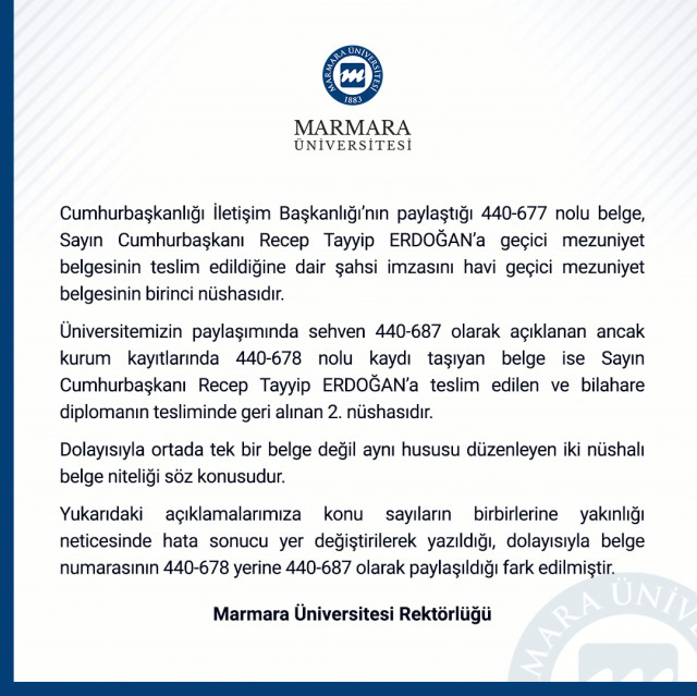 Marmara Üniversitesi'nden Cumhurbaşkanı Erdoğan'ın diplomasıyla ilgili yeni paylaşım: Hata sonucu yer değiştirilerek yazıldı