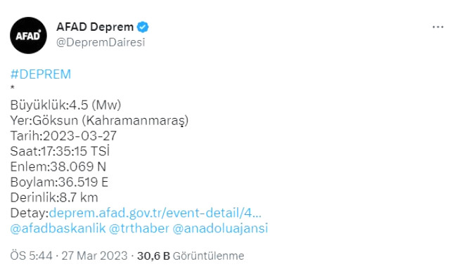 Kahramanmaraş Göksun'da deprem mi oldu? SON DAKİKA! Az önce Kahramanmaraş Göksun'da deprem mi oldu? Göksun deprem şiddeti kaç?