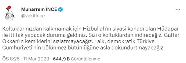 Muharrem İnce'den Cumhur İttifakı'na HÜDA PAR tepkisi: Gaffar Okkan'ın kemiklerini sızlatmayacağız