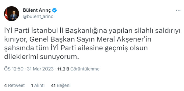 İYİ Parti binasına düzenlenen saldırı sonrası Arınç'tan dikkat çeken provokasyon uyarısı