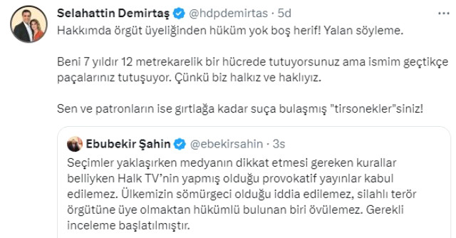 Demirtaş'tan hakkındaki yayın için inceleme başlatan RTÜK'e sert tepki: 7 yıldır hücrede tutuyorsunuz ama ismim geçince paçalarınız tutuşuyor