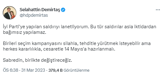 İYİ Parti binasına ateş edilmesiyle ilgili bir yorum da Demirtaş'tan: Bu tür saldırılar asla iktidardan bağımsız yapılamaz