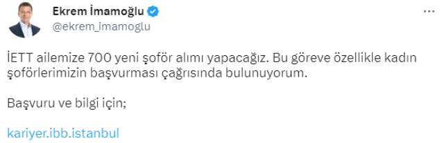 İmamoğlu, 700 şoför alımı yapacaklarını duyurdu: Özellikle kadınlarımızın başvurması çağrısında bulunuyorum