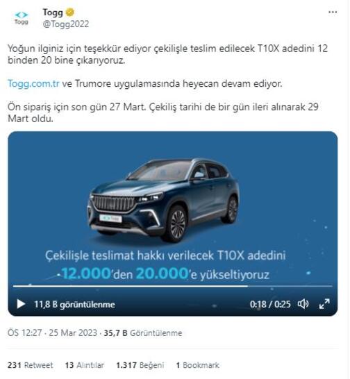 Togg'un ön siparişlerle teslim edilecek araç sayısı 20 bine çıkartıldı