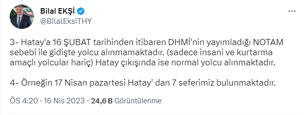 THY'den Hatay'a uçuşların durdurulduğu iddiasına yanıt: NOTAM sebebiyle gidişte yolcu alınmamaktadır