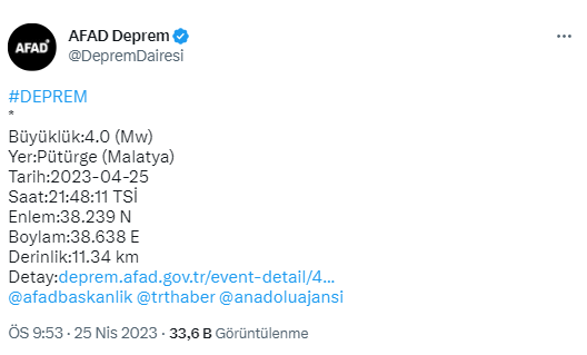 Malatya'da 4 büyüklüğünde deprem