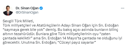 Sinan Oğan'dan kendisini yok sayan Erdoğan'a jet yanıt! 14 Mayıs'ı işaret etti