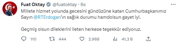 Cumhurbaşkanı Erdoğan'ın sağlık durumuyla ilgili Yardımcısı Fuat Oktay'dan açıklama: Hamdolsun gayet iyi