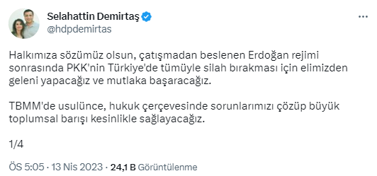 Selahattin Demirtaş'tan dikkat çeken paylaşım: PKK'nın silah bırakması için elimizden geleni yapacağız ve mutlaka başaracağız