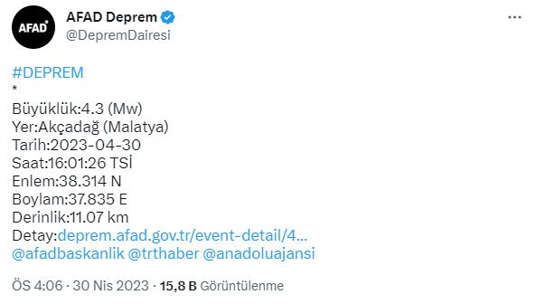 Malatya'da 4,3 büyüklüğünde deprem meydana geldi