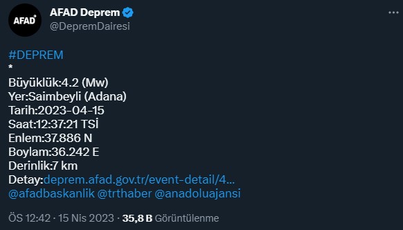 Adana'da 4.2 büyüklüğünde deprem