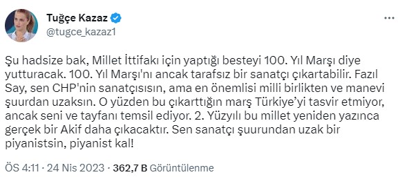 Tuğçe Kazaz'dan 100. Yıl Marşı besteleyen Fazıl Say'a tepki: Şu hadsize bak, sen CHP'nin sanatçısısın