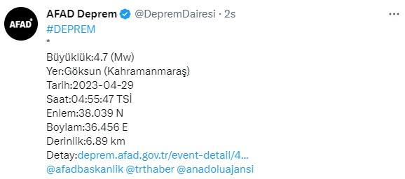 Kahramanmaraş'ta 4,7 büyüklüğünde deprem