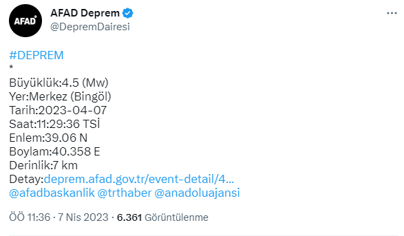 Son Dakika: Bingöl'de 4.5 büyüklüğünde bir deprem meydana geldi