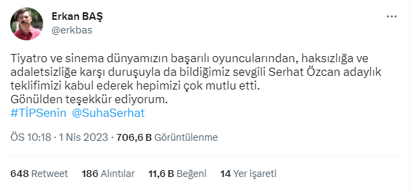 Oyuncu Serhat Özcan Türkiye İşçi Partisi'nden milletvekili aday adayı oldu