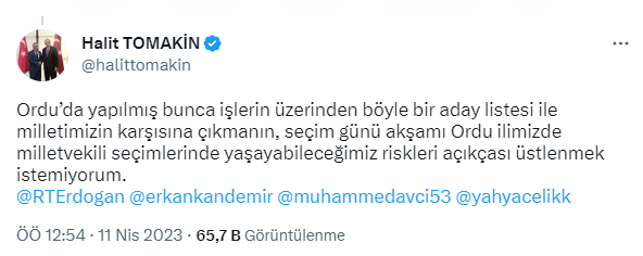 AK Parti Ordu İl Başkanı Halit Tomakin, Cumhurbaşkanı Erdoğan'a seslendi: İstifanın eşiğindeyiz