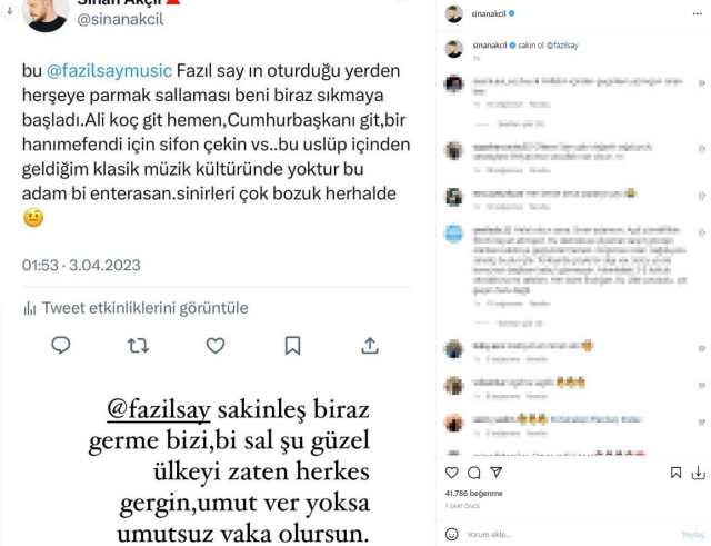 Sinan Akçıl, paylaşımlarından rahatsız olduğu Fazıl Say'a sert çıktı: Sakinleş, germe bizi