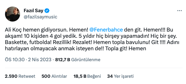 Fazıl Say Ali Koç'a ne dedi? Fazıl Say Fenerbahçe paylaşımı nedir?