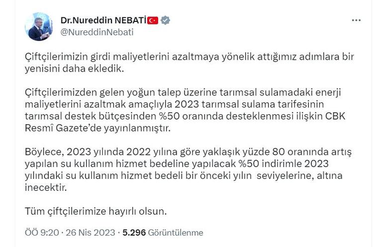 Bakan Nebati: Çiftçilerin su kullanım hizmet bedeli önceki yıl seviyelerine inecek