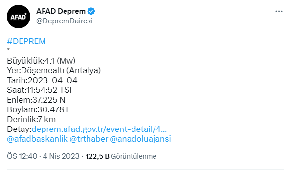 Antalya'da 4.1 büyüklüğünde deprem meydana geldi