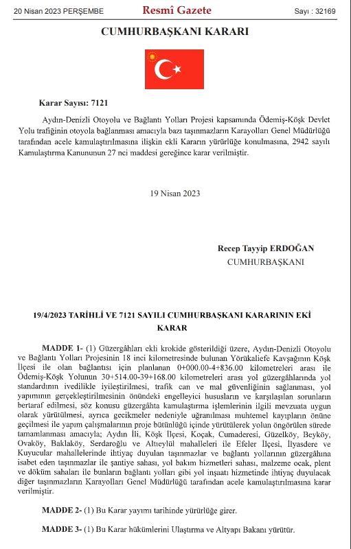 Tarımsal ticaret için büyük öneme sahip Köşk Ödemiş Karayolu projesi Resmi Gazete'de yayınlandı