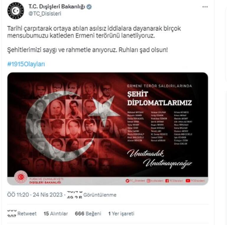 Dışişleri'nden '1915 olayları' tepkisi