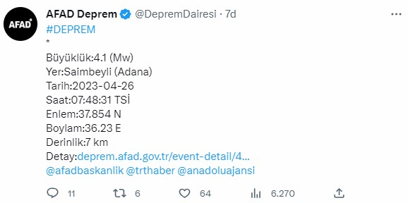 Adana'da 4,1 büyüklüğünde deprem