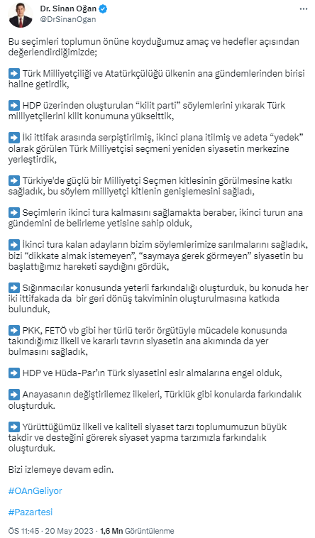 2. turda kimi destekleyeceği merak konusu olan Sinan Oğan'dan 11 maddelik paylaşım