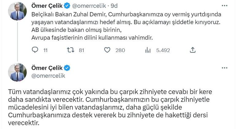 Ömer Çelik: Belçikalı Bakan Zuhal Demir'in açıklamalarını kınıyoruz