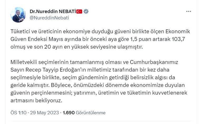 Bakan Nebati: Ekonomik güven endeksi son 20 ayın en yüksek seviyesine ulaştı