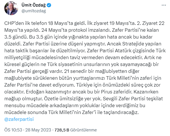 Seçim sonuçları sonrası Ümit Özdağ'dan açıklama: 21 senedir bir mağlubiyetten diğerine sürüklenen herkesi Zafer Partisi'ne davet ediyorum