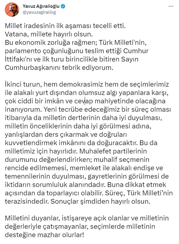 Kılıçdaroğlu'nun adaylığına itiraz edip İYİ Parti'den istifa eden Ağıralioğlu: Terör örgütlerine mesafesizliğin sebep olduğu seçim sonucu