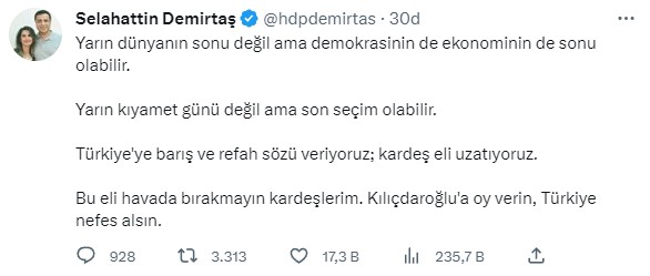 Seçime saatler kala Demirtaş'tan dikkat çeken paylaşım: Yarın son seçim olabilir