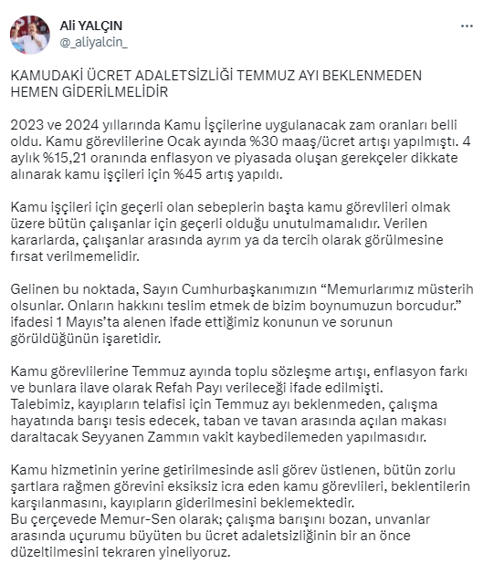 Cumhurbaşkanı Erdoğan'ın memur zammı için temmuzu işaret etmesine Memur-Sen'den itiraz: Kamudaki ücret adaletsizliği hemen giderilmelidir