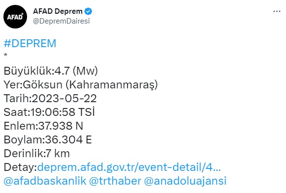 Son Dakika: Kahramanmaraş'ın Göksun ilçesinde 4.7 büyüklüğünde deprem meydana geldi